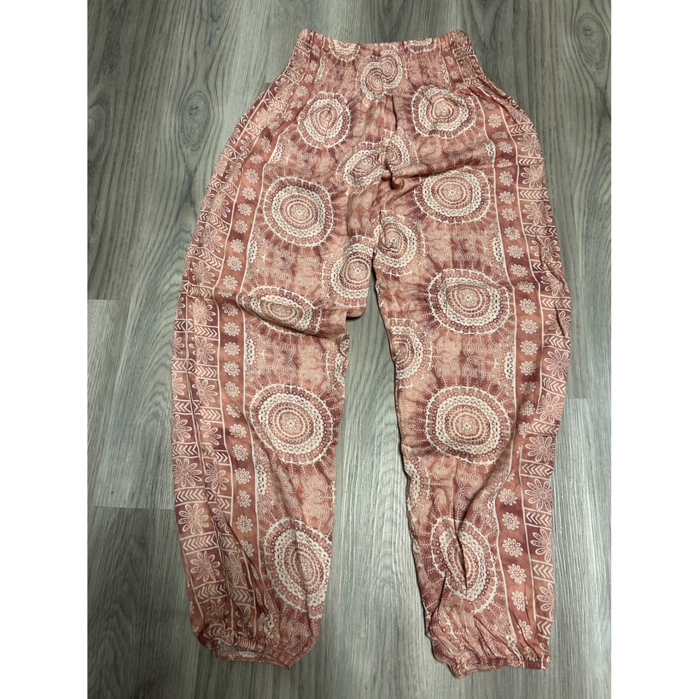 Lotus and Luna Womens Mandala Harem Jogger Pants Rayon S/M Pink boho Floral